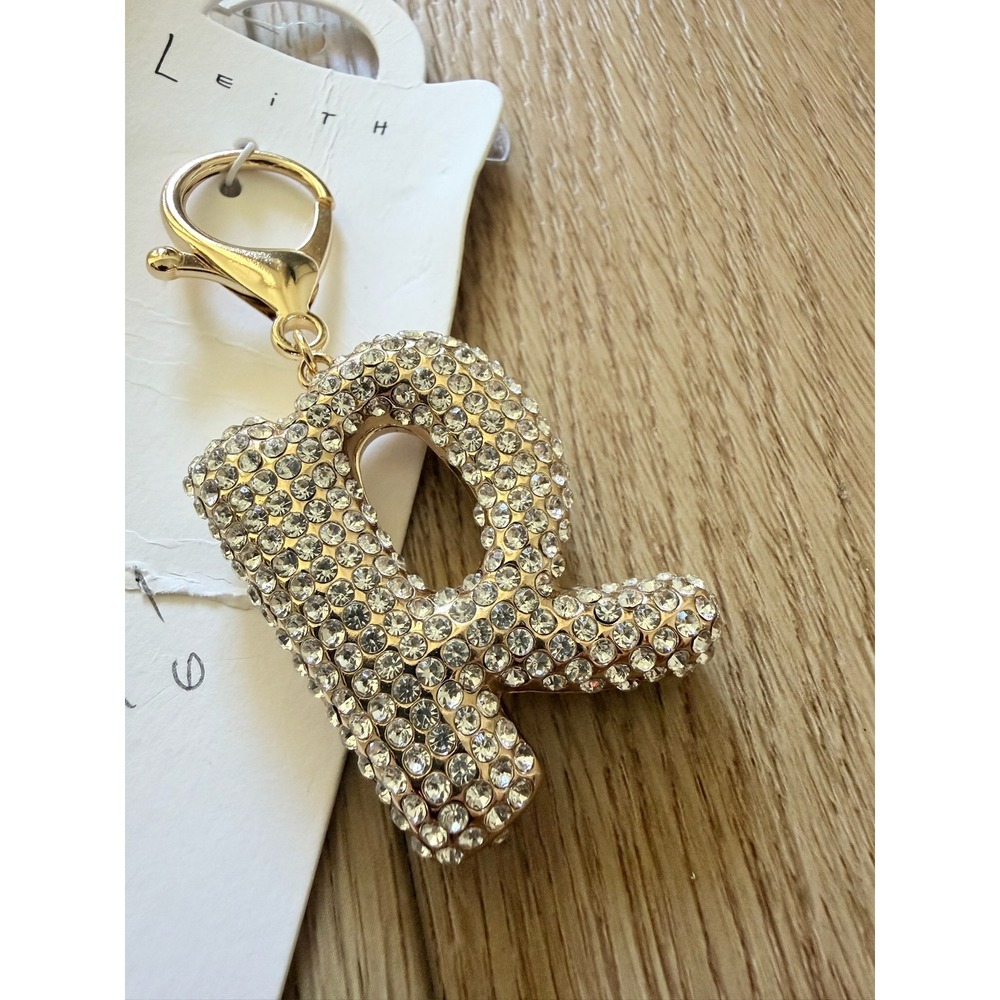Leith Gold Tone Rhinestone Initial R Bag Charm Crystal Pave Keychain Accessory - Picture 3 of 4